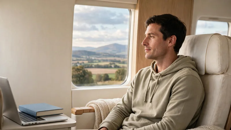 A traveller seated by a window in a car or plane seat, sitting tall with shoulders relaxed, looking out at a landscape
