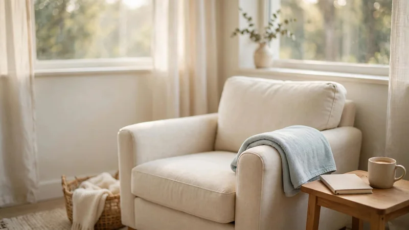 A calm living room corner with a cream armchair, a pale-blue towel draped over the armrest, and a notebook and mug on a wooden side table in soft morning light.