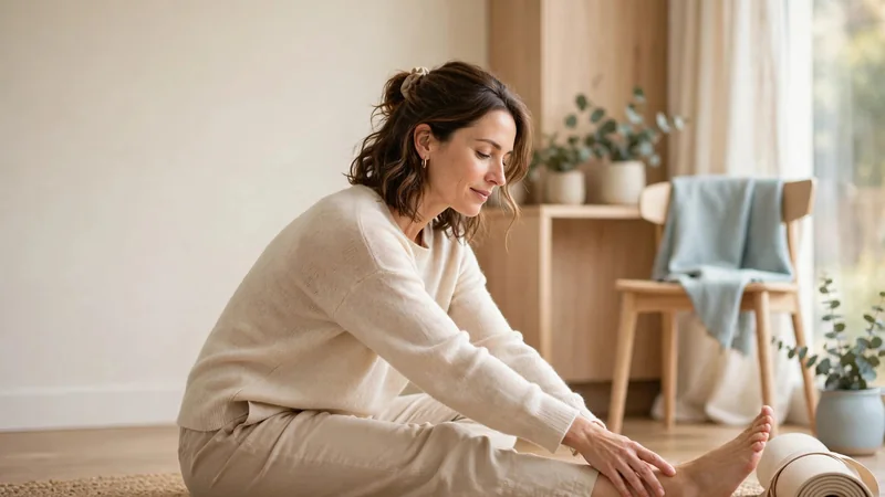 Someone practising a gentle seated stretch in a bright room, with a rolled mat in the corner