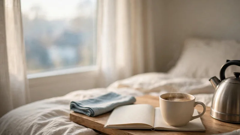 A cup of coffee beside a notebook on a table in soft morning light