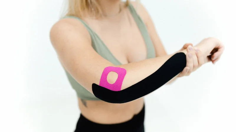 A forearm resting on a table in soft light, with a strip of flexible tape on the skin