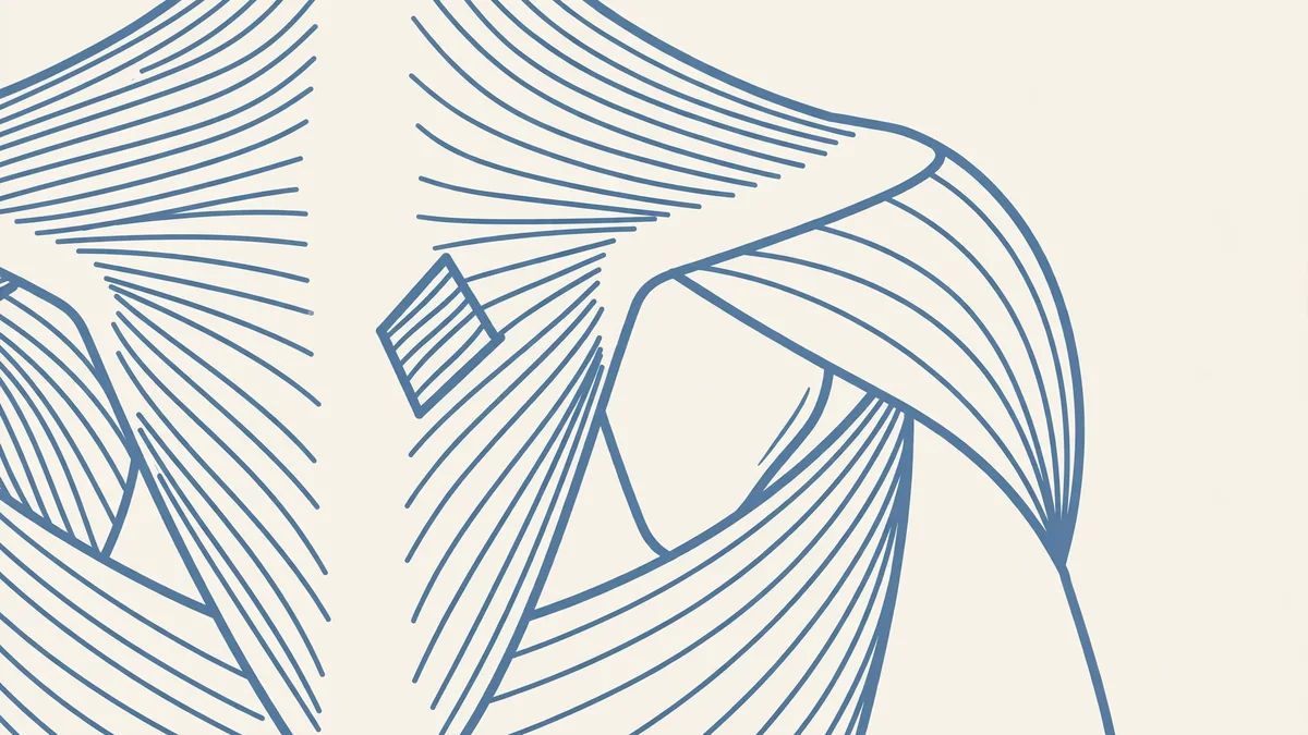 A simple line drawing of the back muscles and shoulder in soft colours