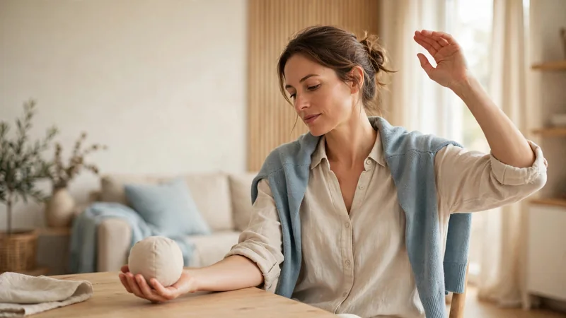 A soft ball held in an open hand resting on a table, in natural light