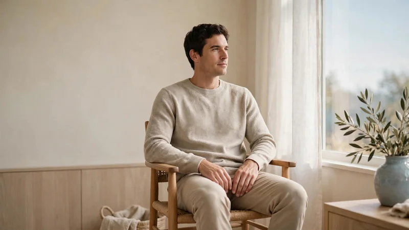 A person sitting upright in a sturdy chair near a window, relaxed shoulders, hands resting on the thighs, soft daylight.
