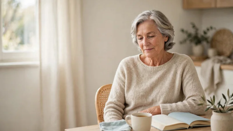 An older adult seated upright in a chair by a kitchen table, relaxed posture, shoulders level, soft natural light.