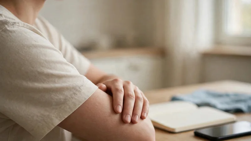 A close, neutral view of a person's shoulder area in a plain shirt, seated, with one hand resting on the opposite arm.
