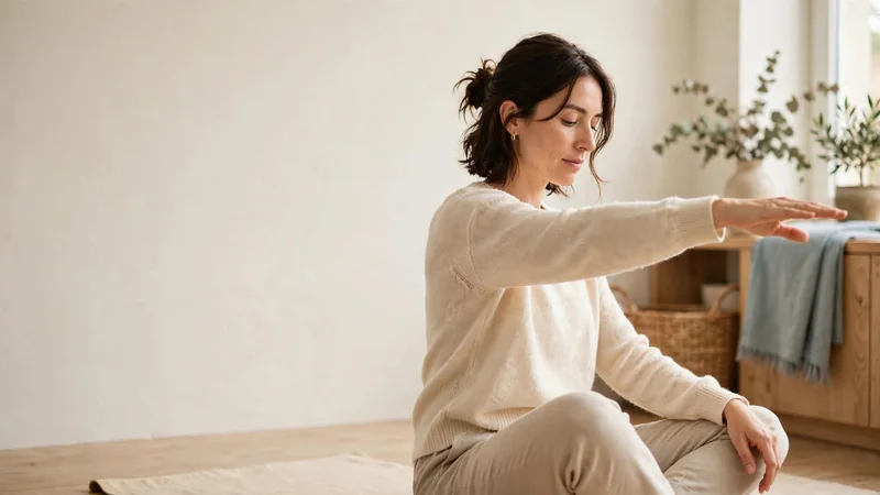 A person doing a seated, controlled arm movement on a mat in a bright studio, with a plain background and calm posture.