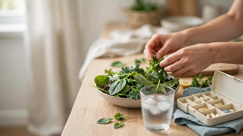 A kitchen counter with a bowl of leafy greens, a glass of water and a pill organiser, bright neutral light, no labels visible.