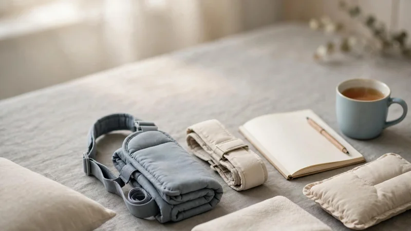 A folded soft sling and a shoulder support strap on a neutral grey surface, with a notebook and pen beside them.