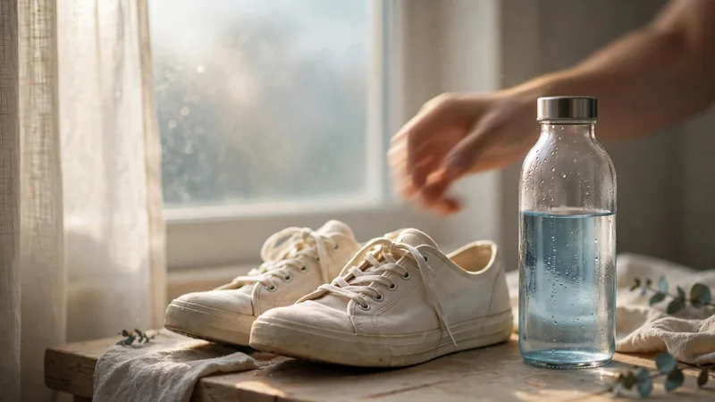 A pair of trainers and a water bottle beside a window with soft morning light, suggesting a calm start to a routine