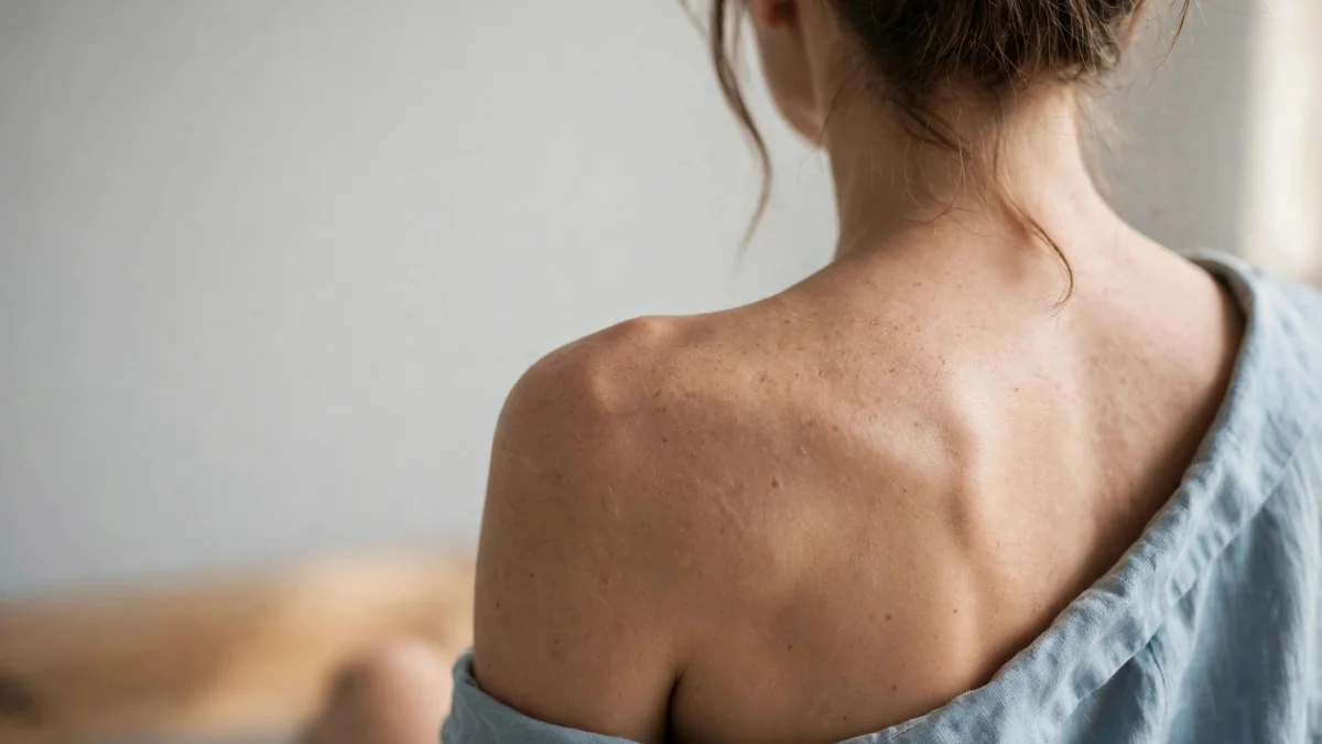 A close-up of a person's upper back and shoulder in a relaxed seated posture, with a plain light-grey background