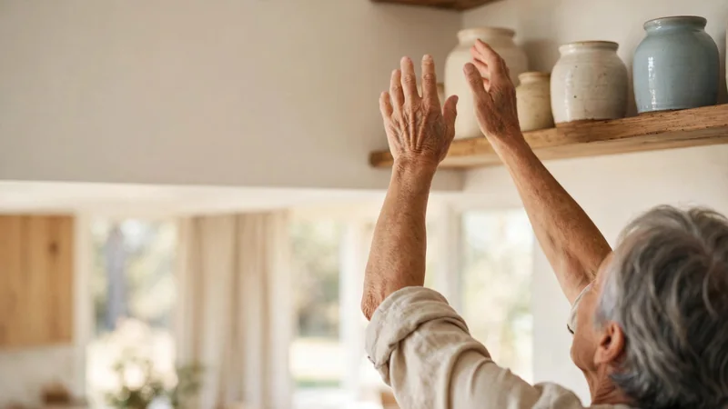 An older adult's hands gently reaching toward a wooden shelf holding ceramic jars, in warm natural light