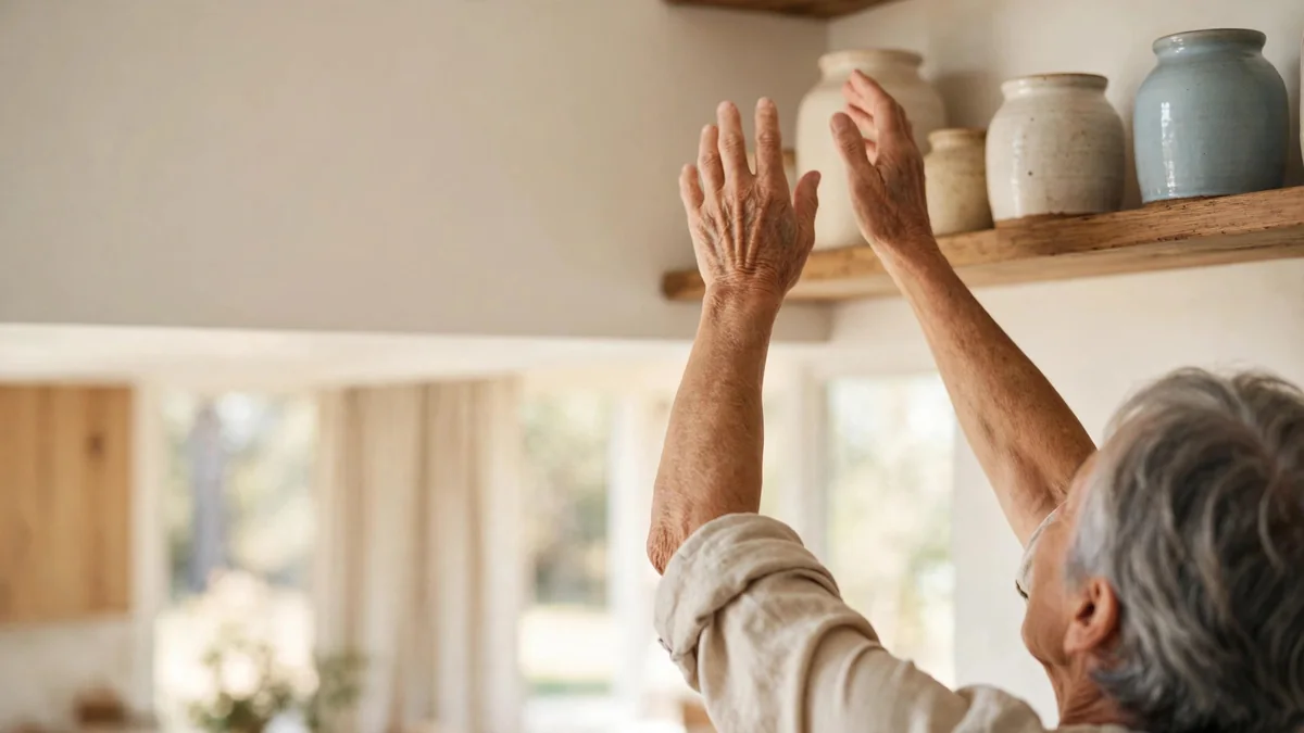 An older adult's hands gently reaching toward a wooden shelf holding ceramic jars, in warm natural light