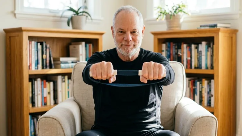 Van, founder of ShoulderBack Pro, seated in a cream armchair holding the trainer at chest height