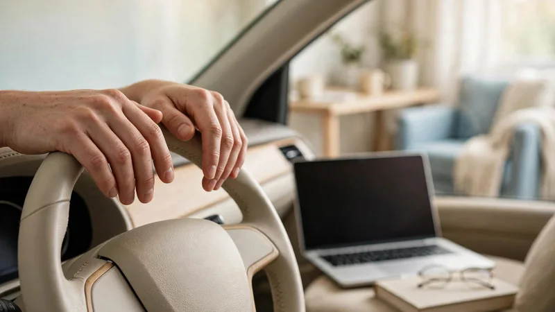 Two hands resting lightly on the top of a car steering wheel, seen from inside a parked car