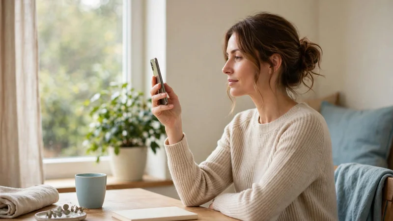 A person seated at a desk with a phone held at eye level, with a window and a green plant in the background