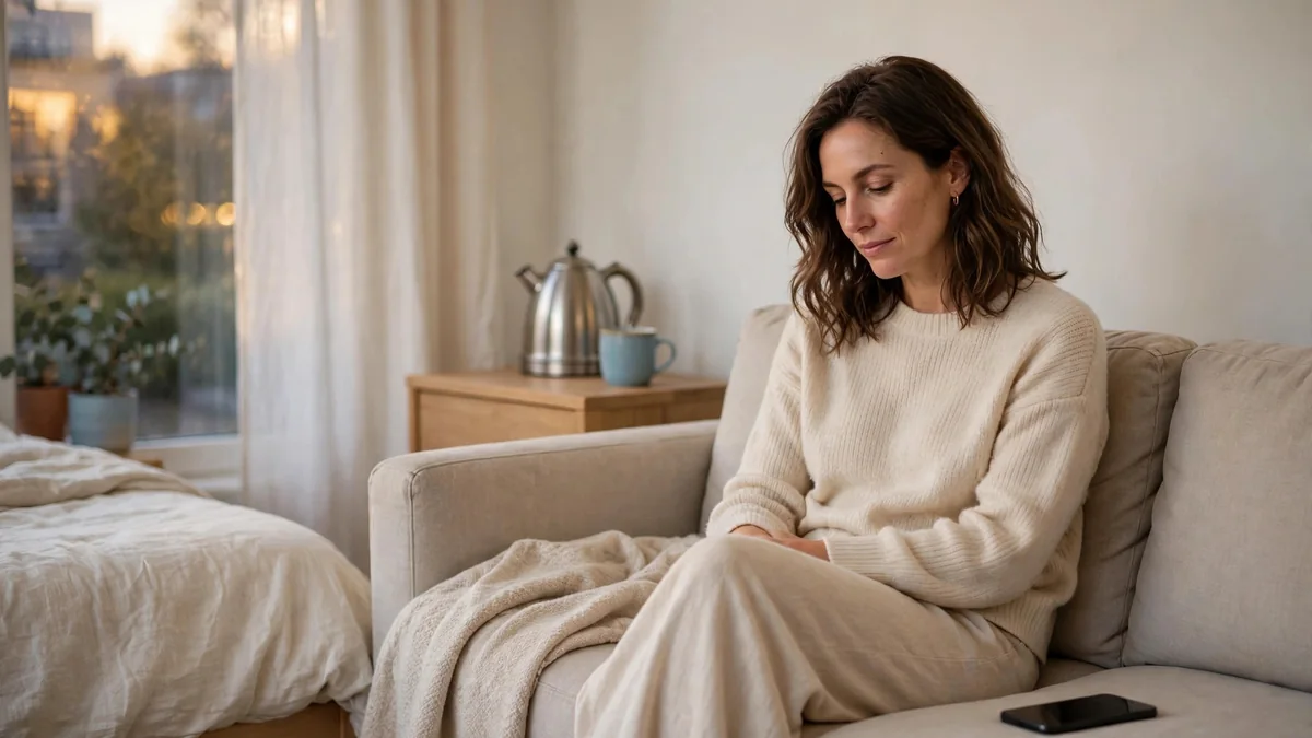A person sitting on a sofa in soft evening light, with a phone face down on the cushion beside them
