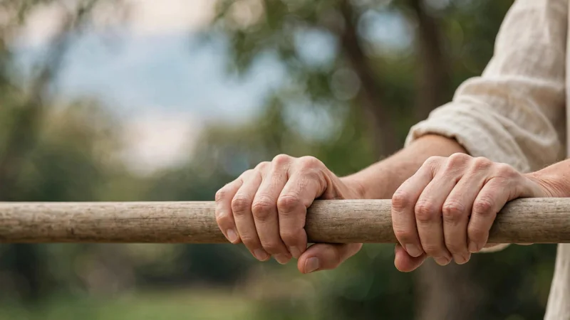 A person's hands gripping a sturdy horizontal bar outdoors, with trees softly blurred in the background