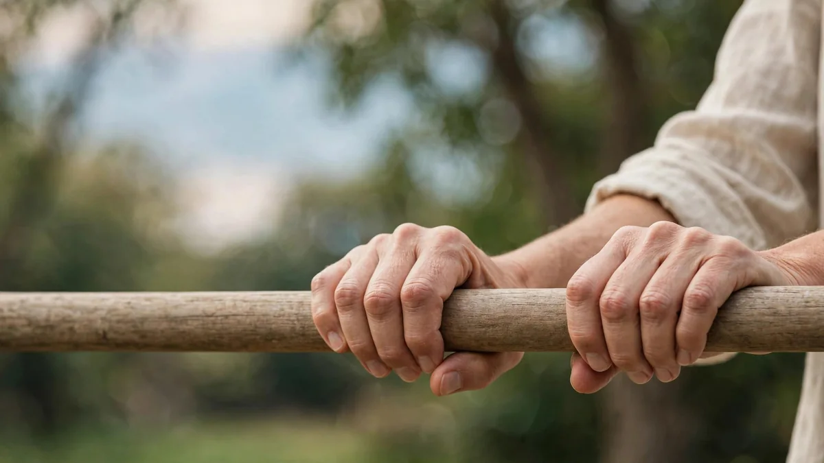 A person's hands gripping a sturdy horizontal bar outdoors, with trees softly blurred in the background