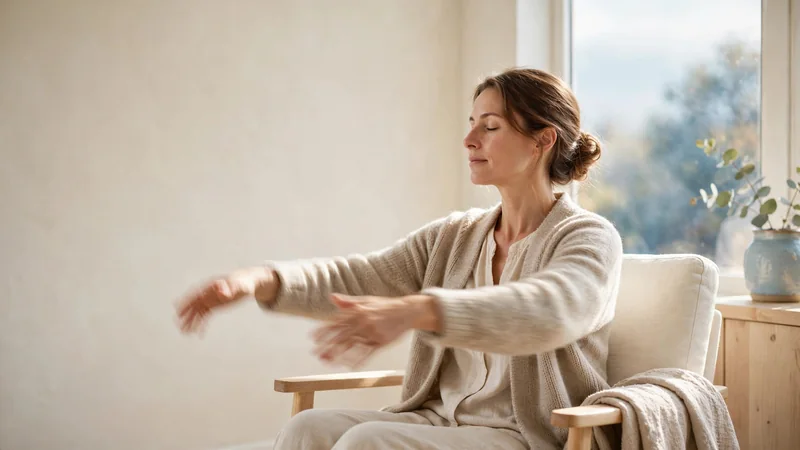 A person in a cardigan doing slow, gentle arm movements while seated in a bright armchair by a window