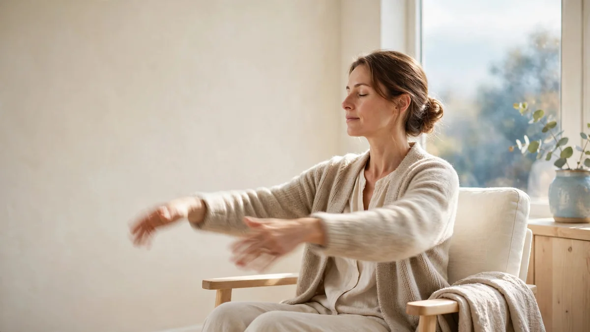 A person in a cardigan doing slow, gentle arm movements while seated in a bright armchair by a window