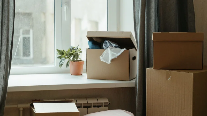 Stacked cardboard moving boxes beside a sunny front window in an empty living room