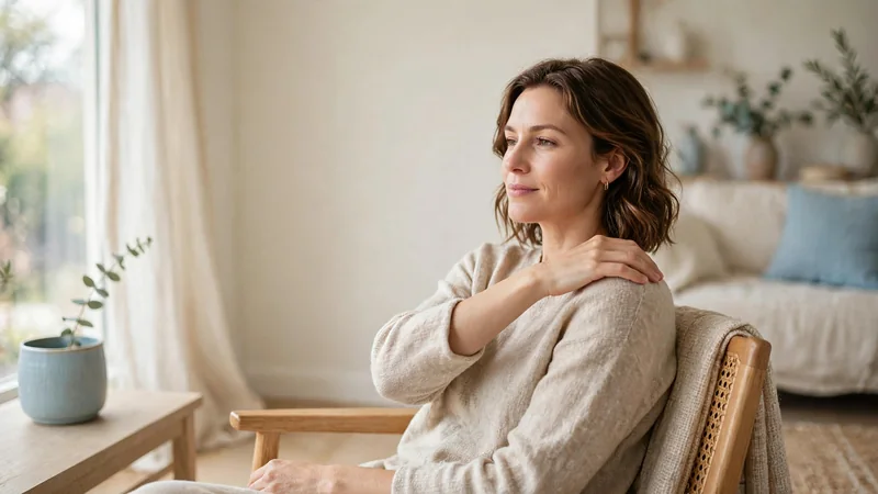 A person seated in a chair near a window, gently rolling one shoulder with a relaxed expression