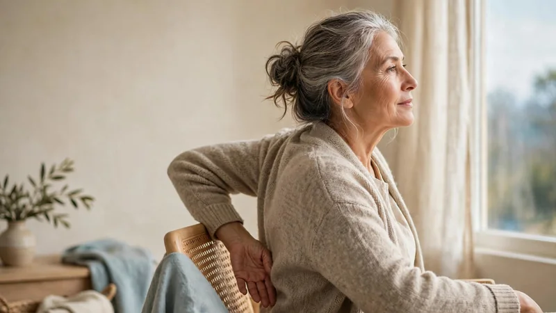 An older adult seated in a chair by a window, with one arm reaching gently behind the back