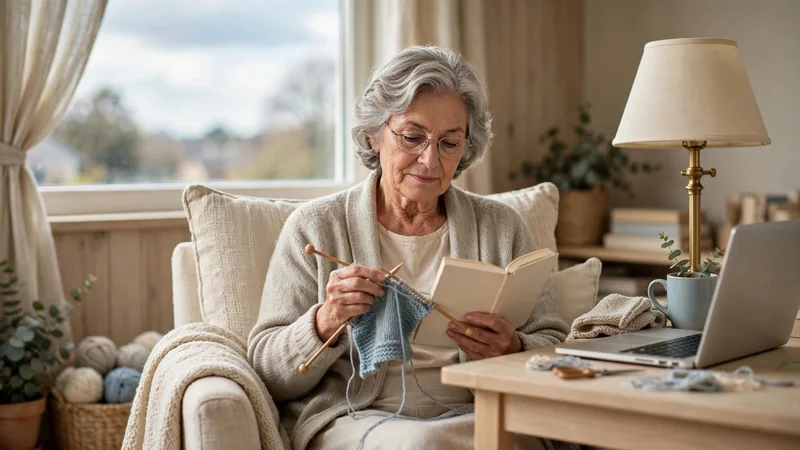 An older adult seated in a cushioned armchair by a window, holding a book in one hand and knitting needles in the other, with a reading lamp beside them