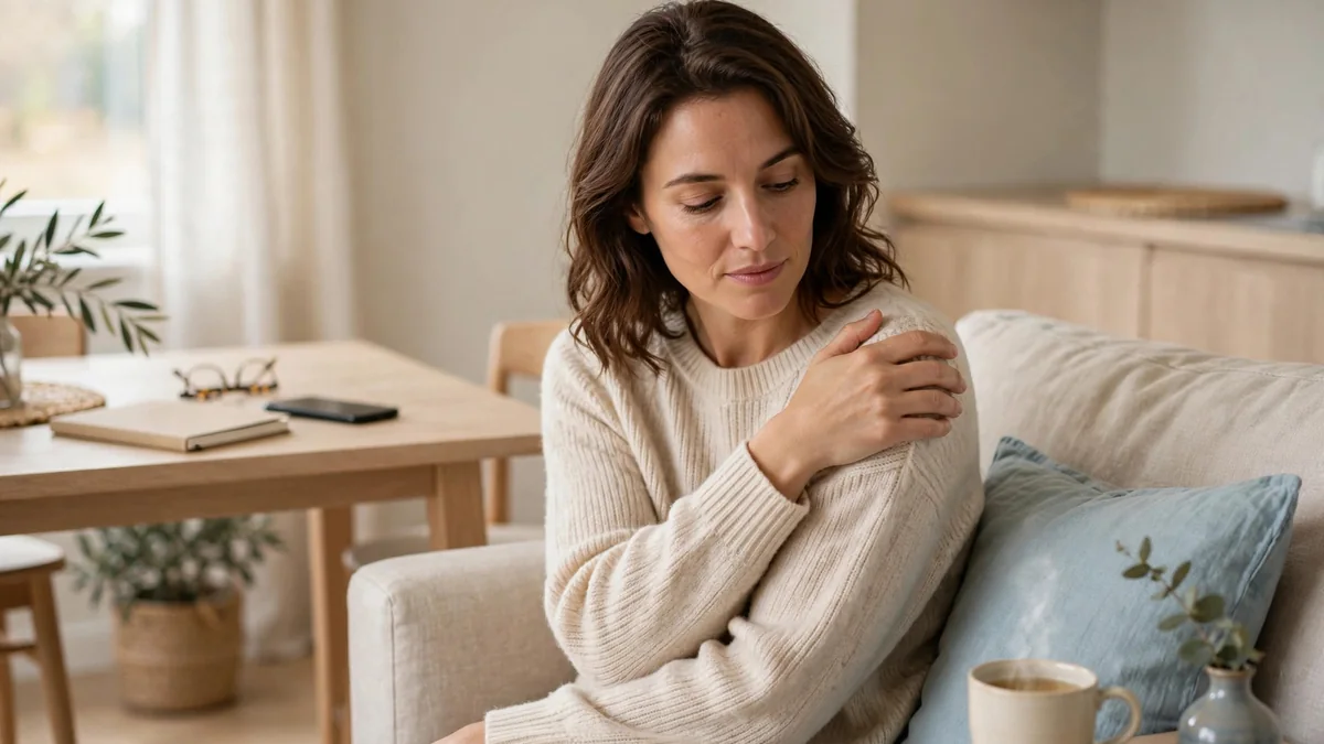 A person seated on a sofa in a calm living room, gently holding one shoulder with the other hand, with a cup of tea on a side table