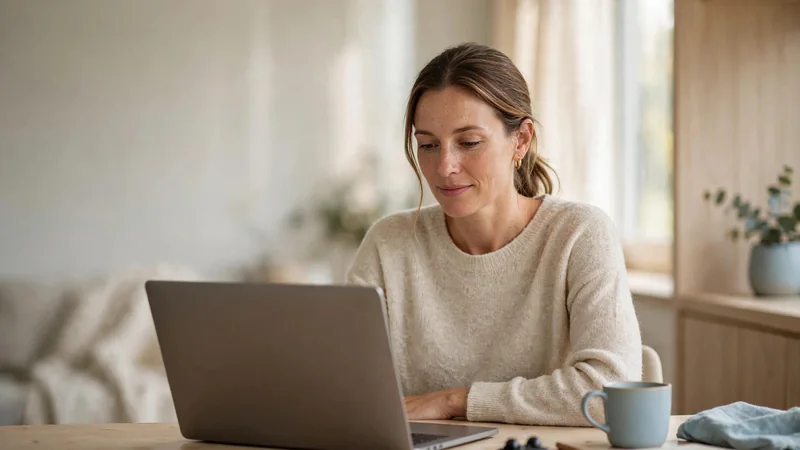 A person seated at a desk with a laptop, sitting upright with relaxed shoulders and both forearms resting lightly on the desk surface