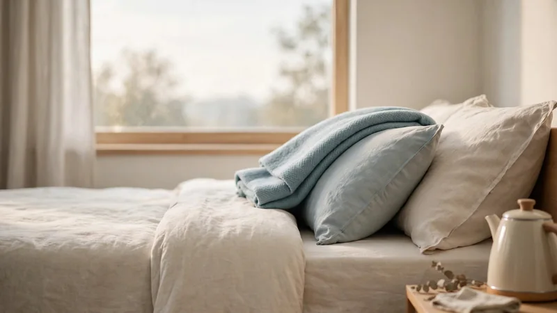 A bedroom with a made bed and two soft pillows, one tucked along the side of the bed and one propped under a folded blanket, in soft morning light