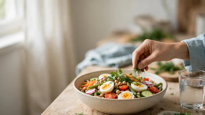 A bowl of mixed vegetables, beans and eggs on a wooden kitchen counter in natural daylight, with a glass of water beside it