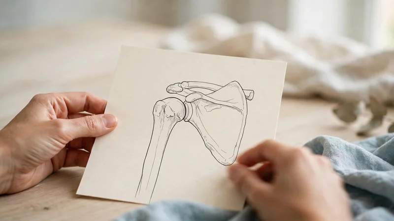 A simple line sketch style illustration of a shoulder blade and upper arm bone seen from the side, on a plain background