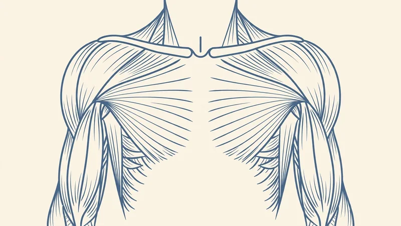 Line drawing of an upper body from the front showing the arm and shoulder muscles in soft colours on a plain background