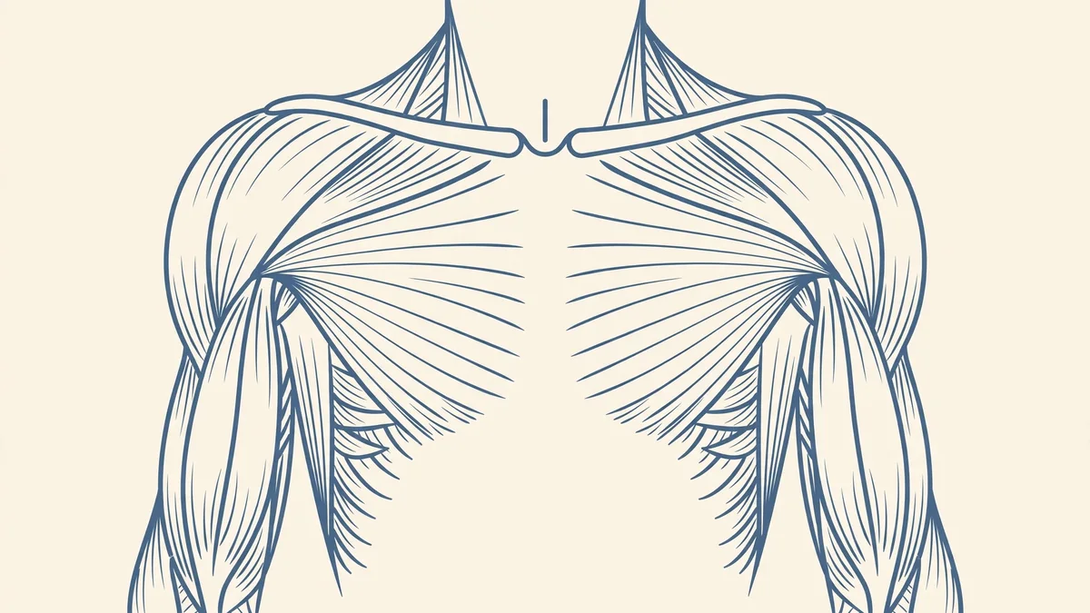 Line drawing of an upper body from the front showing the arm and shoulder muscles in soft colours on a plain background