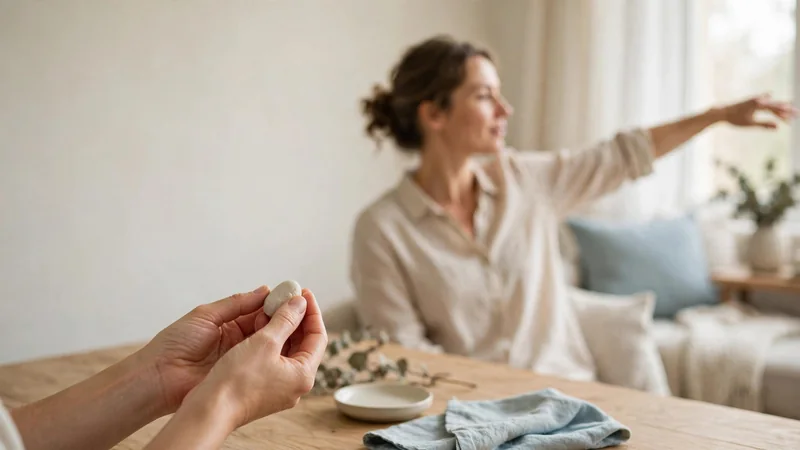 A pair of hands gently holding a small light object on a table beside a window, in soft daylight