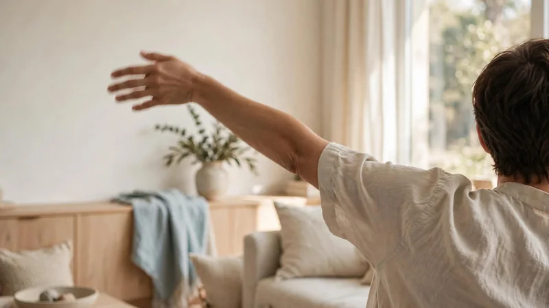 A person's arm reaching slowly across a sunlit room with a relaxed posture, shown from behind