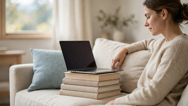 A laptop placed on a stack of books at eye level on a sofa, with a cushion beside it in soft daylight