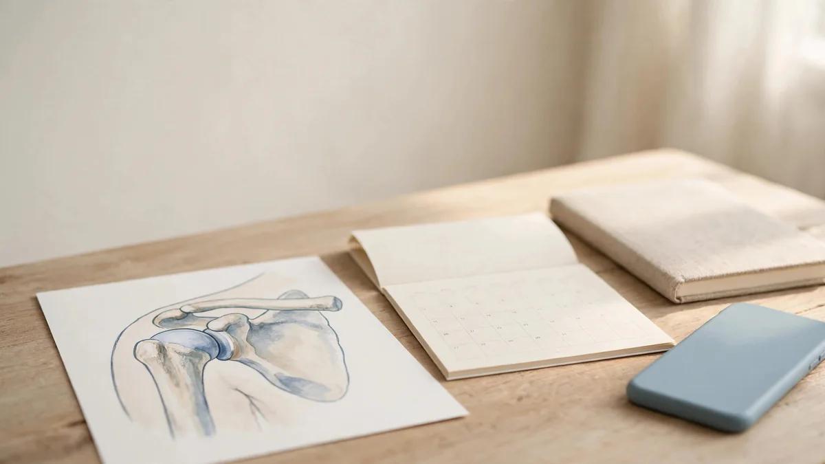 A simple illustration of a shoulder joint with a calendar and notebook on a table beside it, on a plain background