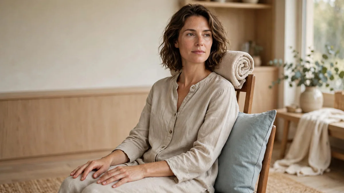A person seated in a chair, sitting tall with hands resting on the thighs, in soft natural light