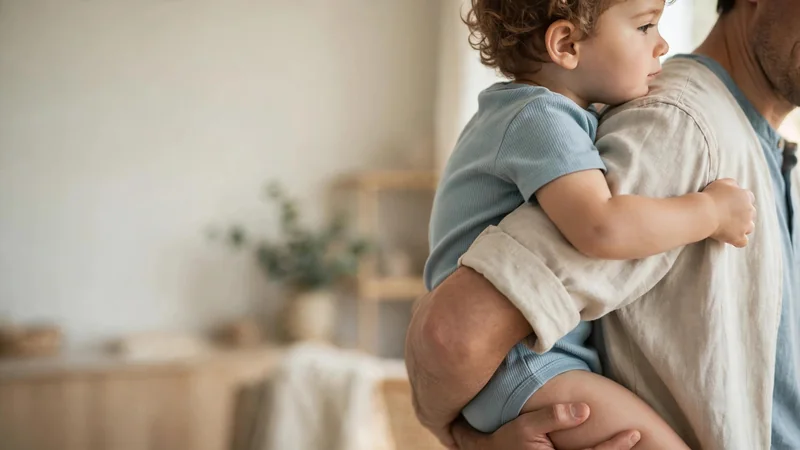 Close view of an adult's arm gently supporting a toddler on one hip in a bright room