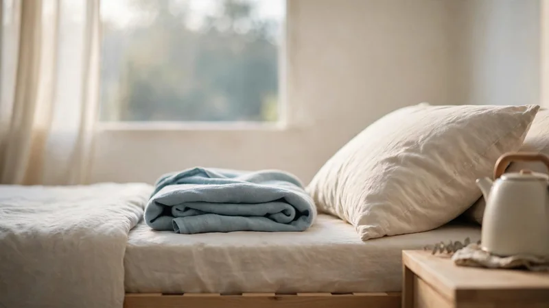 Side view of a bedroom pillow and folded blanket on a neutral-toned bed