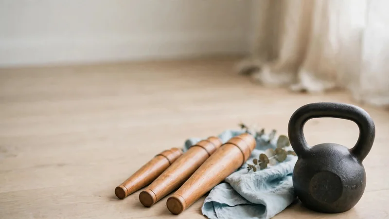A kettlebell and a set of Indian clubs laid out on a wooden floor