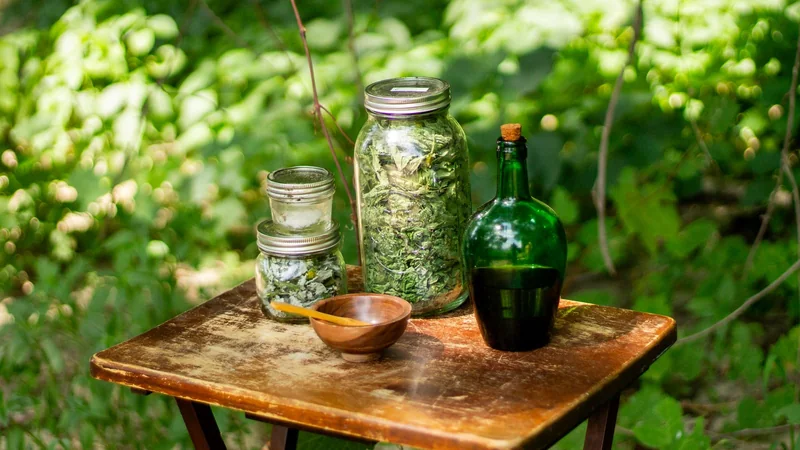 Dried herbs and a small glass bottle of tea on a wooden table