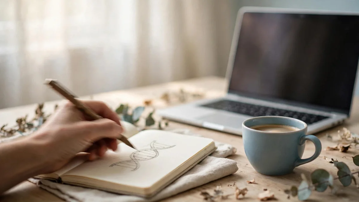 A notebook and pen on a desk beside a laptop and a cup of coffee