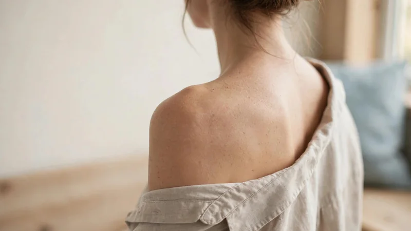 Simple line drawing of a person's upper back showing the shoulder blade area