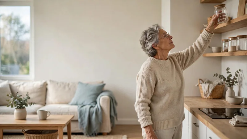 An older adult reaching for a jar on a high kitchen shelf