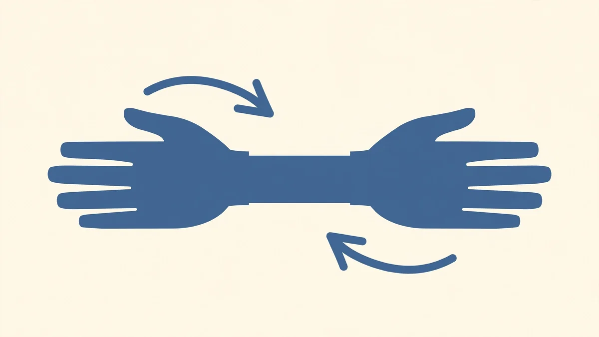 A flat slate-blue diagram on cream of two hands joined by a straight strap with two curved arrows showing the hands working in opposite directions.