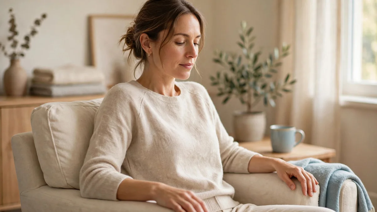 A woman in a cream sweater sits in a light armchair with her eyes closed and hands resting on the armrests, a sky-blue mug on the side table.